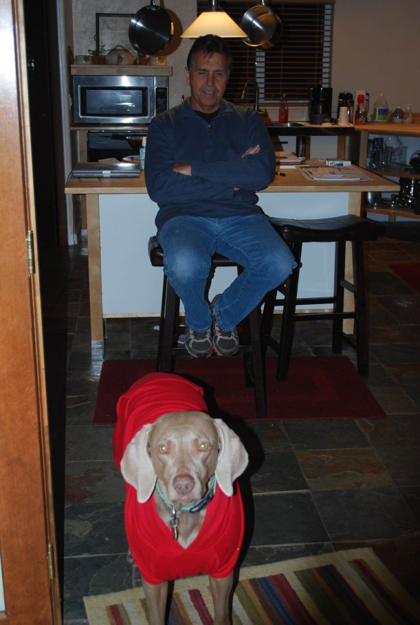 Ron with Rainy in her pretty red jacket Photo by Lisa L. Day